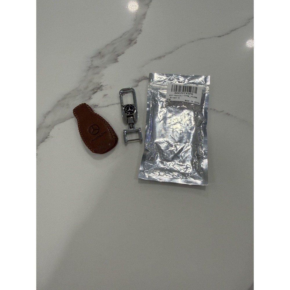 Mercedes Benz Brown Leather Car Key Fob Cover‎ With Metal Keychain Holder Set